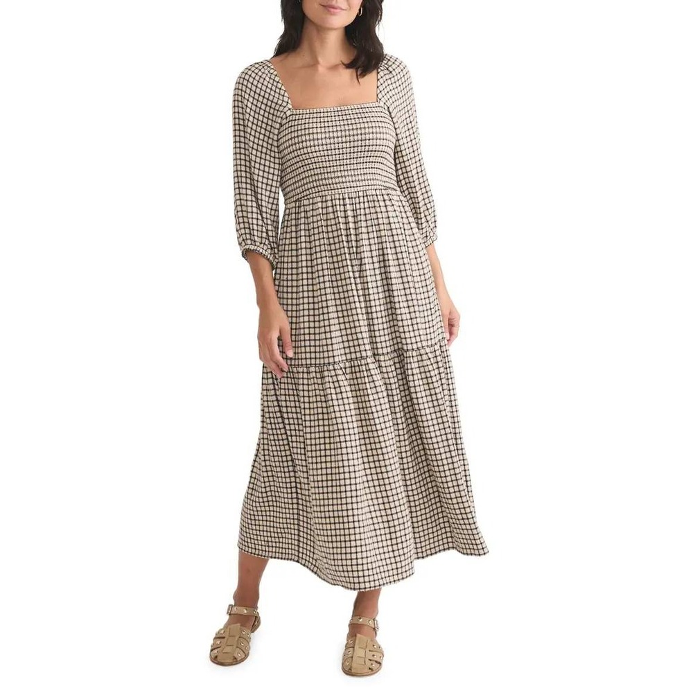 Marine Layer Ivy Smocked Bodice Maxi Dress Women M Cream Black Plaid Cottagecore